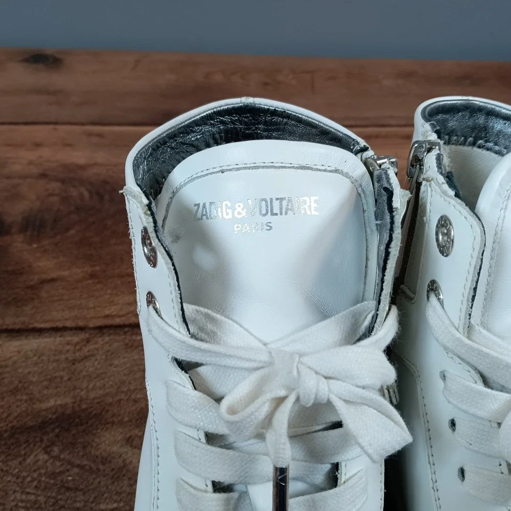 Zadig & Voltaire Paris White Leather High Top Sneakers Zip Lightning Bolt size37
